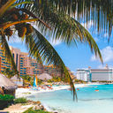 Cancun beach with hotels.